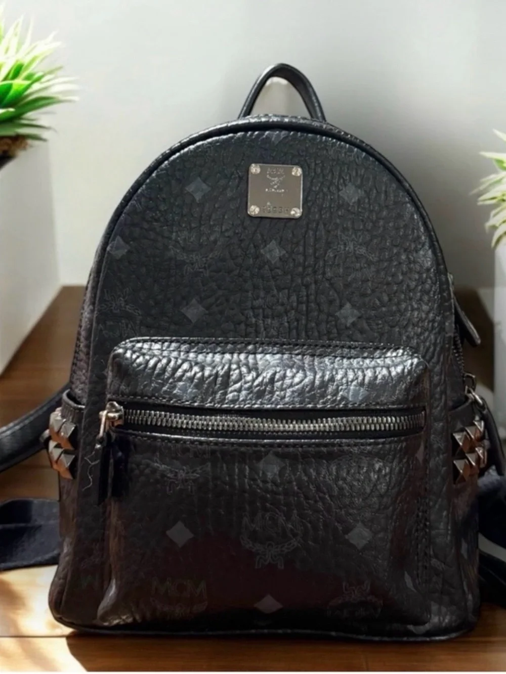 MCM Black Logo-Stamped Leather Mini Backpack with Stud Details